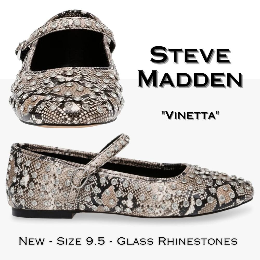 Steve Madden Vinetta Ballet Flats 9.5 Brown Snakeskin Rhinestone Coquette NEW